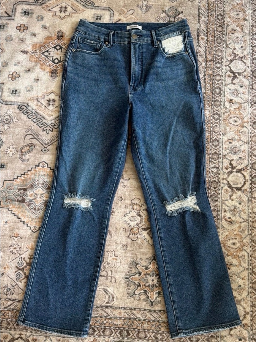 Good American Dark Blue Distressed Flare Jeans Size 12/31